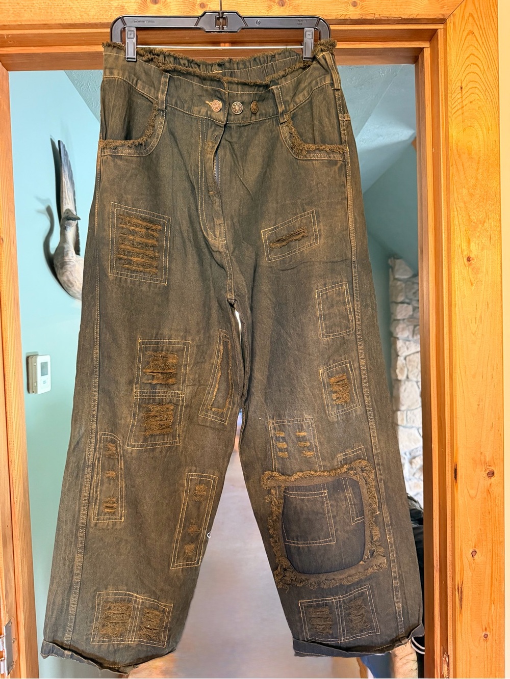 Distressed Patchwork Wide-Leg Jeans - distressed vintage blue